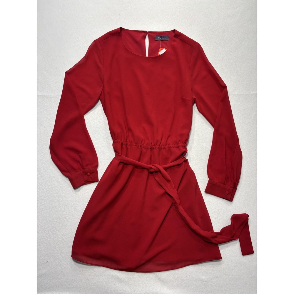 KLD Dress Womens Medium Red Chiffon Belted Fit Flare Long Sleeve Round Neck Mini